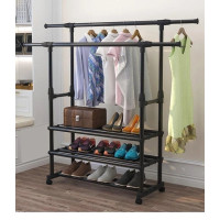 Телескопічна підлогова стійка для одягу з коліщатками та полицями для взуття